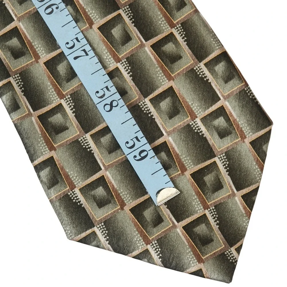 Pierre Cardin‎ Men's Silk Necktie Designer Geometric Squares Olive Green Brown